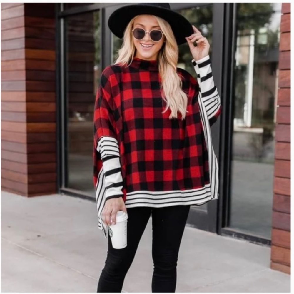 “Southern Nights” Red and Black Plaid Poncho